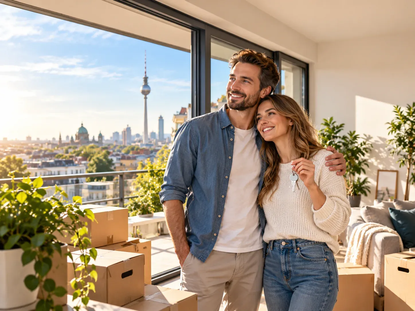 Paar mit Wohnungsschlüssel in einem hellen Zuhause mit Berliner Ausblick