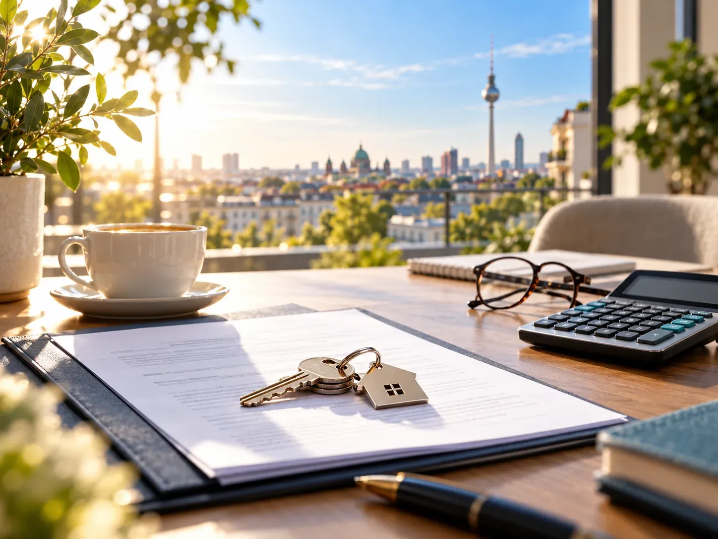 Rechner und Immobilienunterlagen für die Finanzierungsplanung